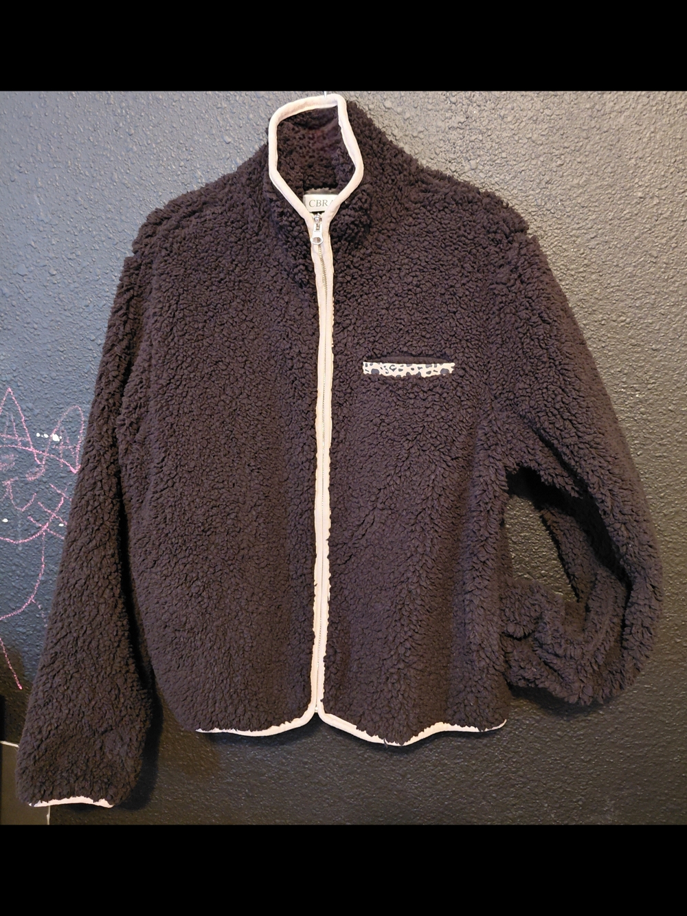 Plush Zip-Up Teddy Jacket with Contrast Trim - Black